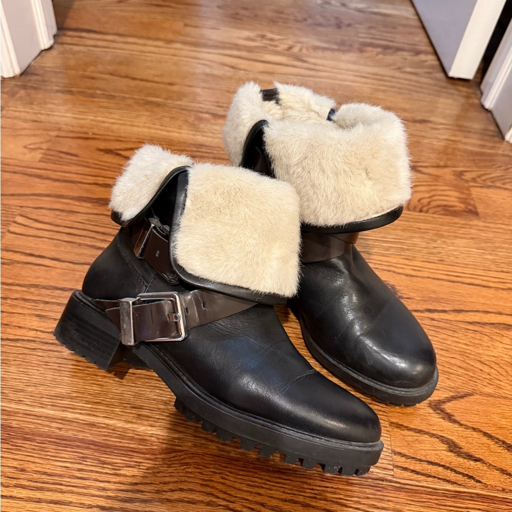 Zara Woman black leather ankle boots faux fur lined sz 39 8 US